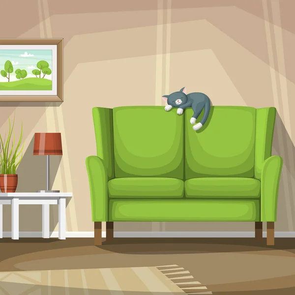 Interiér obývacího pokoje s kočkou — Stockový vektor