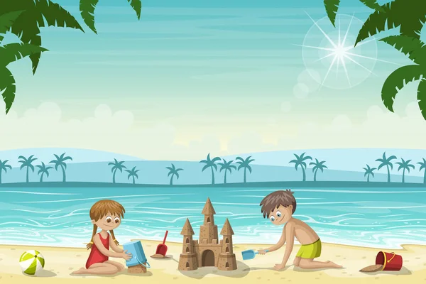 Duas crianças construir um castelo de areia — Vetor de Stock