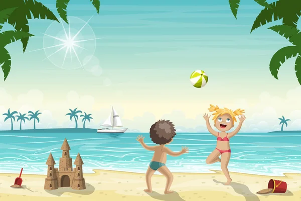Duas crianças estão brincando na praia — Vetor de Stock