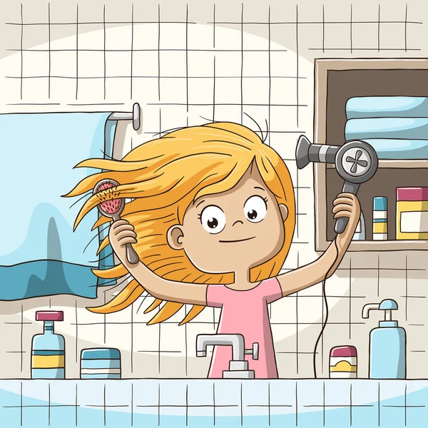 Dziewczyna dmucha suszy włosy — Wektor stockowy