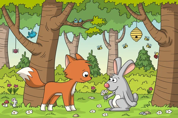 Fuchs und Hase im Wald — Stockvektor
