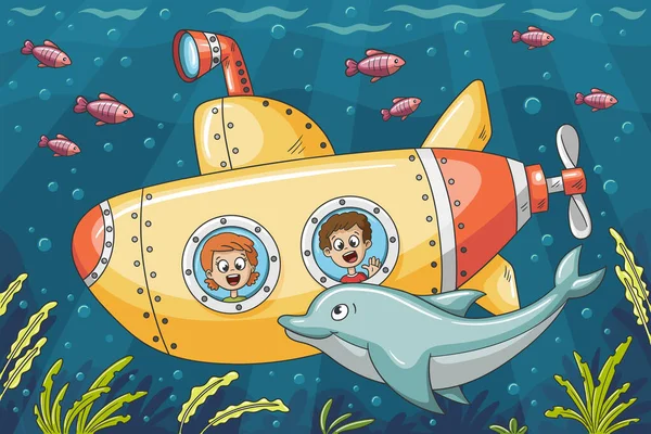 Kinderen in een onderzeeër — Stockvector