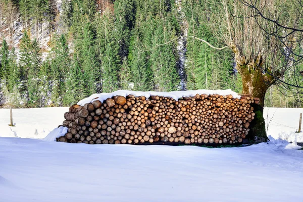 Brandhout gestapeld. Winter alpine landelijke scène — Stockfoto