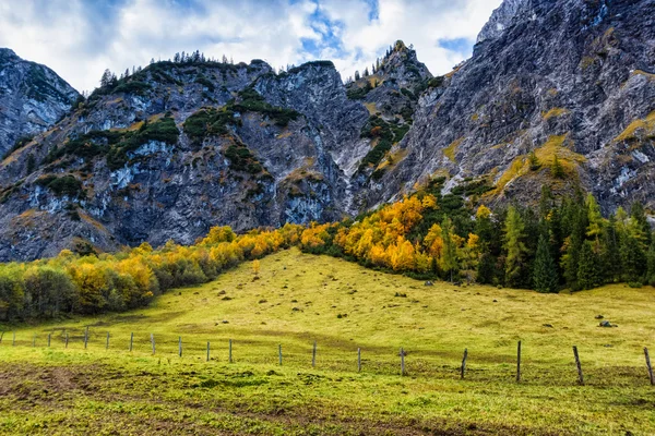 Alpes outono colorido paisagem de montanha com céu azul nublado. Áustria, Tirol — Fotografia de Stock