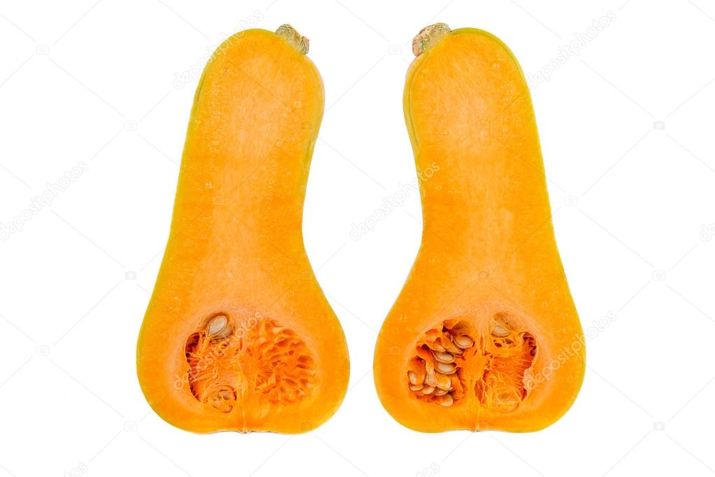 Two halves of butternut squash isolated on white background