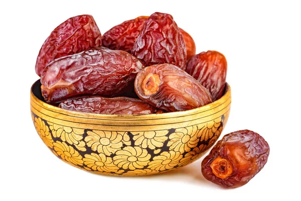 Sweet dried dates in oriental cup isolated on white — Stock Photo, Image