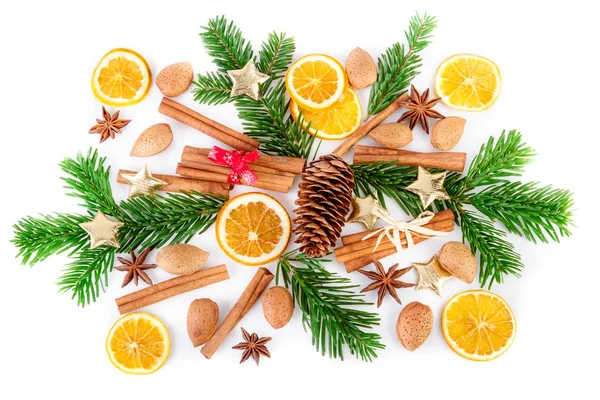 Christmas composition with winter spices on white. Flat lay, top view — Stock Photo, Image