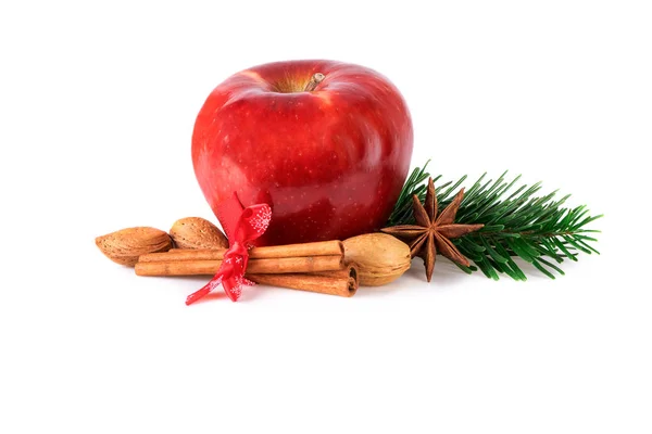 Rött äpple med vintern kryddor ingredienser på vit — Stockfoto
