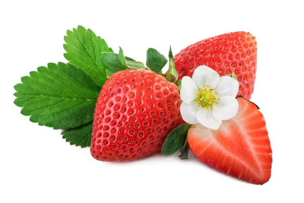 Ripe organic strawberries with leaf on white — Stock Photo, Image