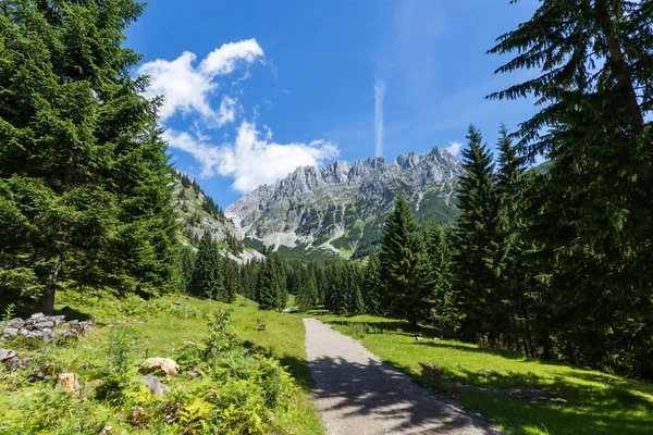 Rakouské Alpy. Cesta přes letní horské krajiny, Kaiser hory, Rakousko, Tyrolsko — Stock fotografie