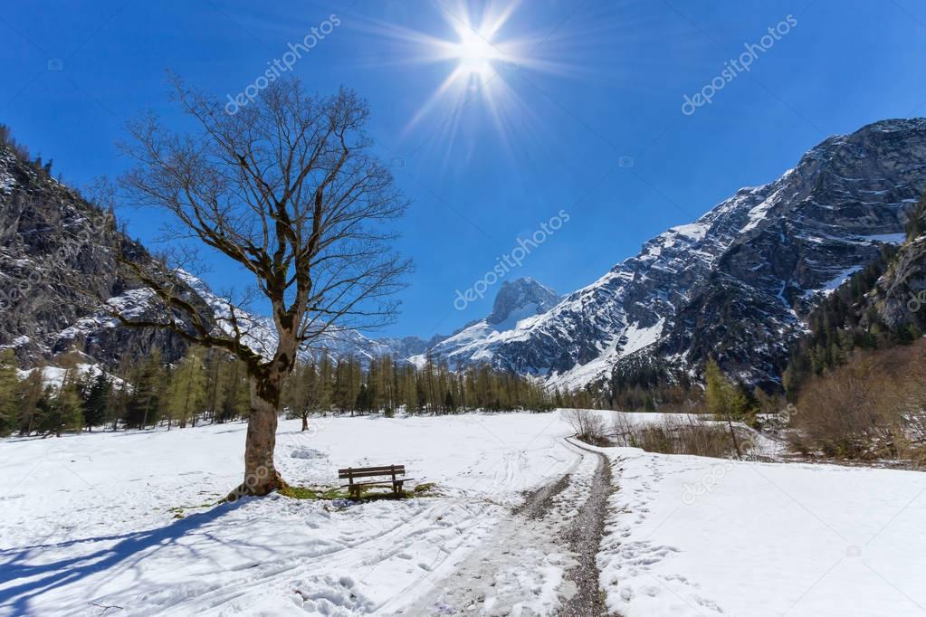 Mountain landscape in early springtime with clear blue sky and sunshine. Austria, Tyrol, Karwendel Alpine Park, near Gramai