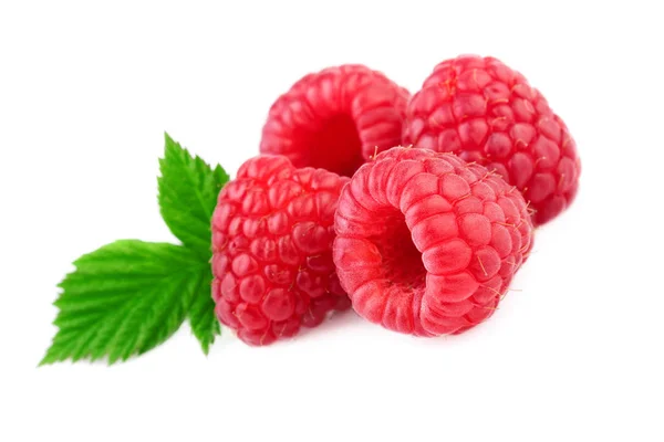 Isolated raspberries Fresh raspberry with leaf isolated on white background — Stock Photo, Image