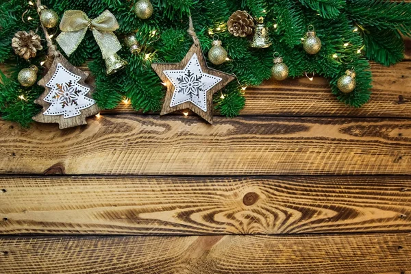 Décoration Traditionnelle Noël Avec Branche Sapin Sur Fond Bois Vintage — Photo