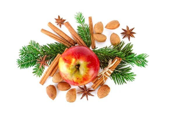 Kerststuk Met Rode Appel Fir Tak Specerijen Plat Lag Wit — Stockfoto