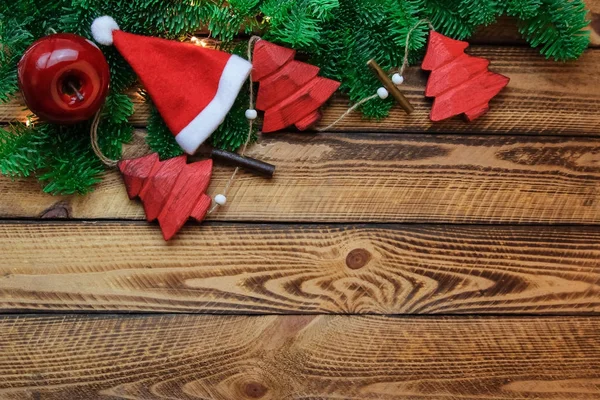 Fondo Navidad Con Sombrero Santa Decoración Vintage Roja Sobre Tablones — Foto de Stock