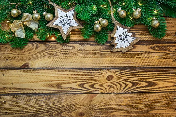 Vintage Cristmas Decoration Fir Branch Old Wooden Background Flat Lay — Stock Photo, Image