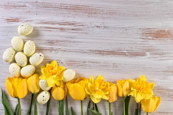 Osterhintergrund Mit Gelben Blumen Und Ostereiern Mit Leerzeichen — Stockfoto