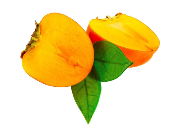 Kaki Früchte Zwei Hälften Isoliert Auf Weiß Bild Inklusive Ausschnitt lizenzfreie Stockfotos