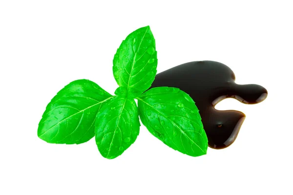 Foglia Basilico Con Aceto Balsamico Isolato Bianco Concetto Alimentare Italiano — Foto Stock