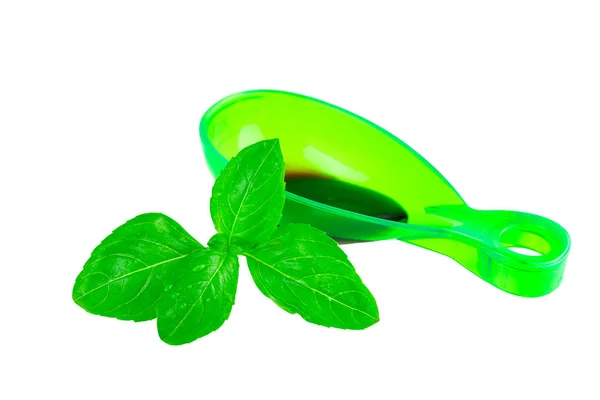 Basil Leaf Green Spoon Filled Balsamic Vinegar White — Stock Photo, Image