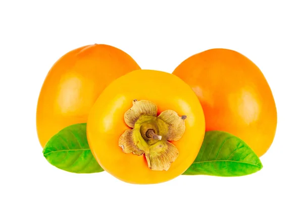 Close Persimmons Fruta Com Folha Isolada Branco — Fotografia de Stock
