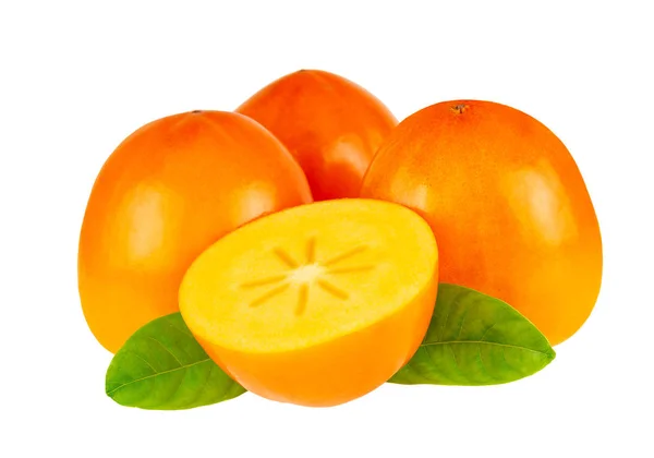 Persimmon Frutas Inteiras Cortadas Pela Metade Isoladas Branco Persimmon Closeup Fotografia De Stock