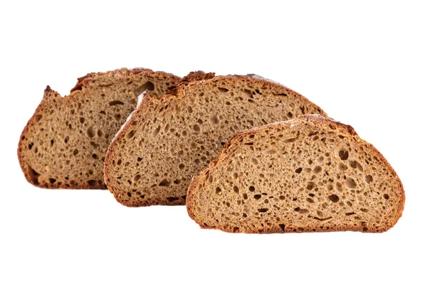 Drie Schijfjes Roggebrood Close Geïsoleerd Wit — Stockfoto