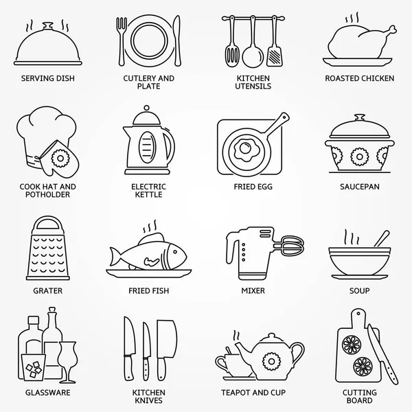 Conjunto abstracto de vectores de cocina de línea, herramientas de cocina e iconos de alimentos — Vector de stock