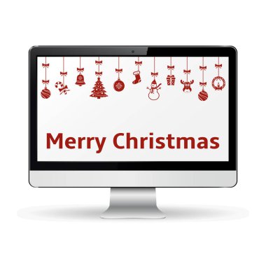 Bilgisayar ekranı ile Noel süsler ve Merry Christmas metin üstünde perde asılı
