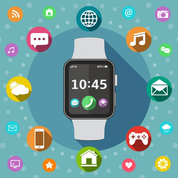 Smart watch with icons, flat design concept — Stock Vector