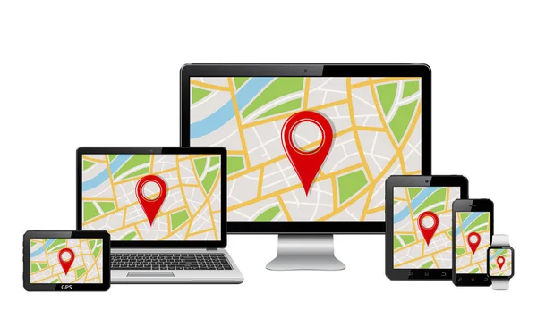 Appareils numériques vectoriels avec carte GPS à l'écran — Image vectorielle