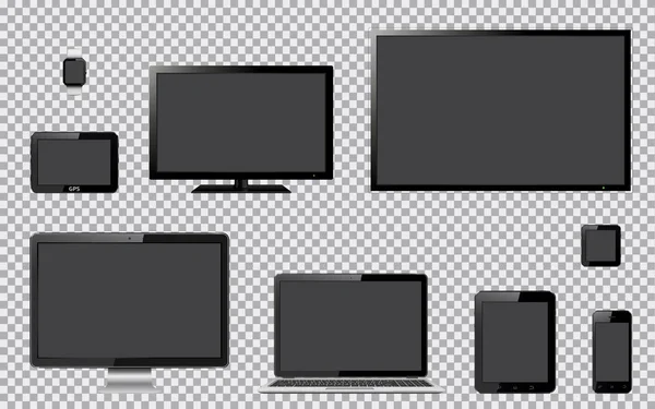 Conjunto de televisor realista, monitor de ordenador, ordenador portátil, tableta, teléfono móvil, reloj inteligente y dispositivo del sistema de navegación GPS con pantalla vacía en blanco — Archivo Imágenes Vectoriales