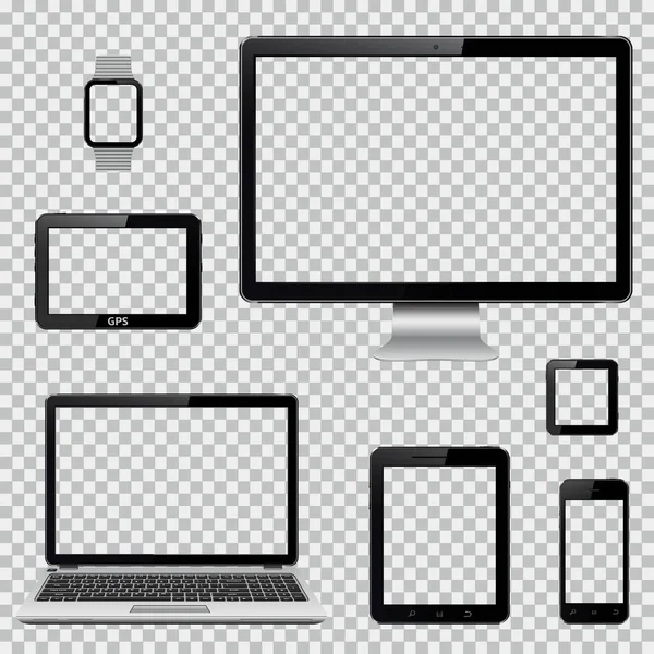Uppsättning av realistiska datorskärm, laptop, surfplatta, mobiltelefon, smart Watch-klocka och Gps navigation systemenhet med transparent skärm — Stock vektor