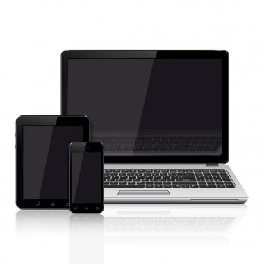 Modern dizüstü bilgisayar, cep telefonu, tablet beyaz bir arka plan üzerinde