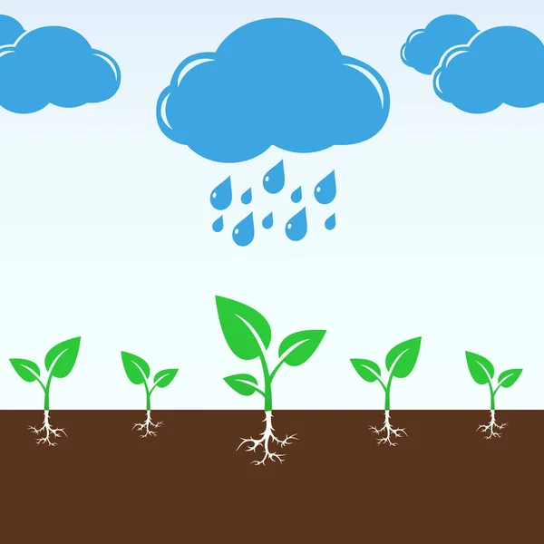Cloud a deště kapaly na zelené výhonky — Stockový vektor