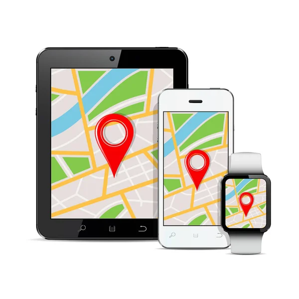 Tablet, cep telefonu ve akıllı izlemek gps harita üzerinde ekran ile — Stok Vektör