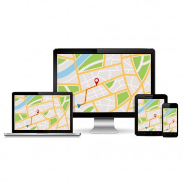 Dijital cihazlar dağ eteğindeki taş yığını üzerinde görüntülenen Gps yer işareti ile göster