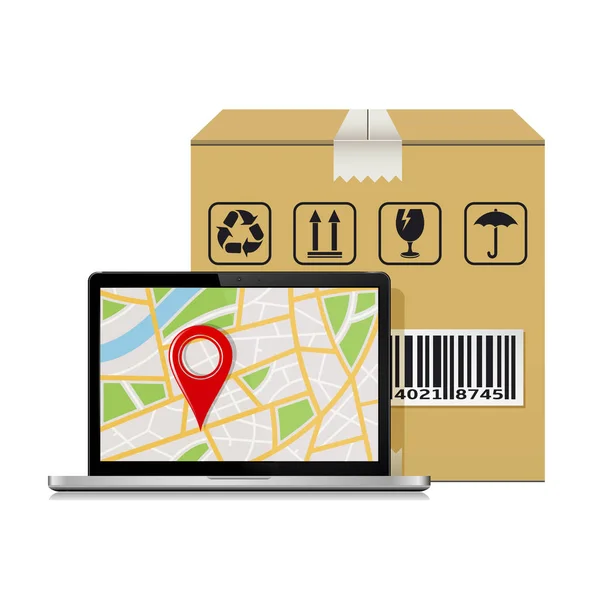 Коробка для посылок и ноутбук с картой GPS — стоковый вектор