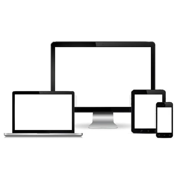 Monitor de computador moderno, laptop, tablet digital e telefone celular com tela em branco —  Vetores de Stock