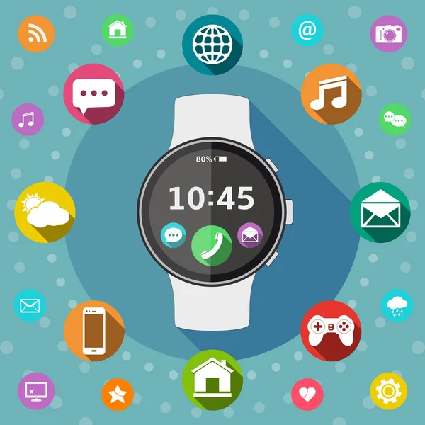 Smart watch with icons flat design — Stock Vector