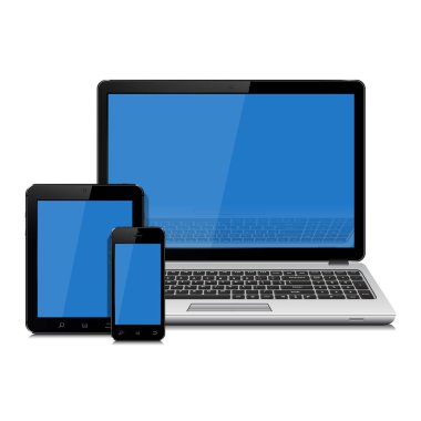 Dizüstü bilgisayar, tablet ve smartphone ile boş mavi ekran