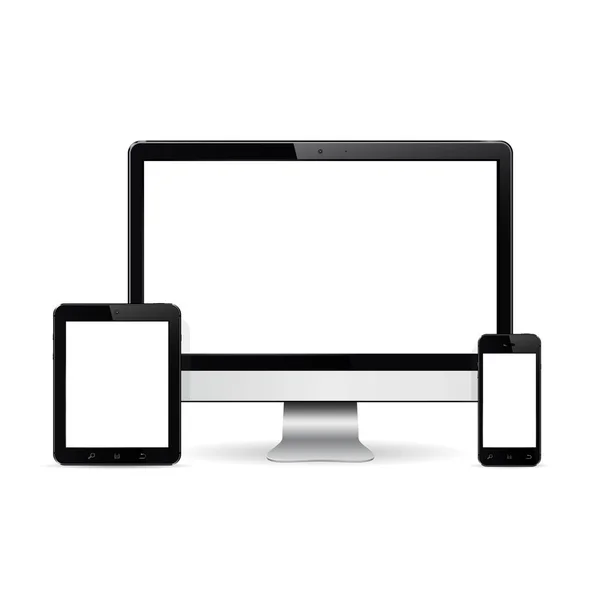 Monitor de computador, tablet digital e telefone inteligente com tela em branco —  Vetores de Stock