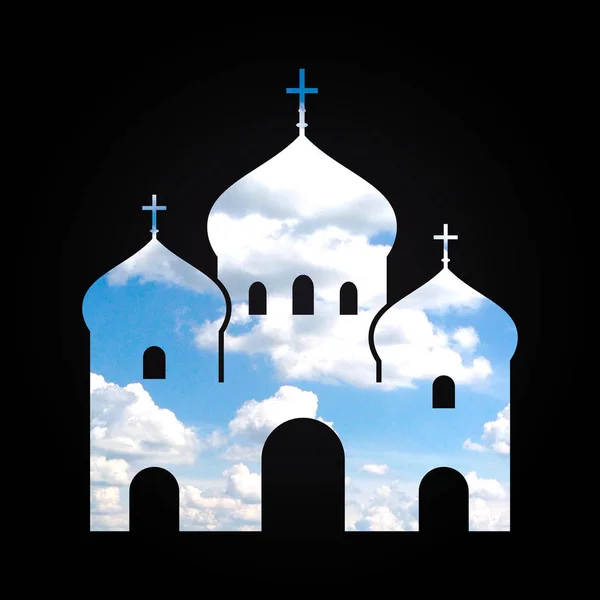 Silueta de iglesia cristiana combinada con imagen de nube en el cielo azul —  Fotos de Stock