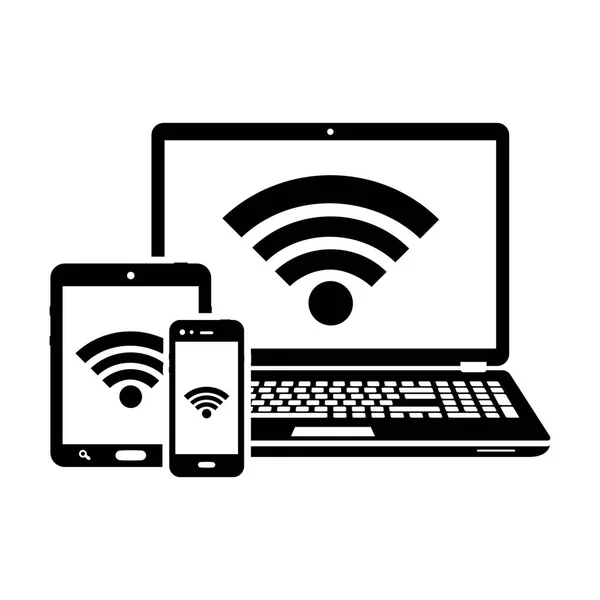 Ícones de laptop, tablet e smartphone com símbolo de conexão Wi-Fi à Internet — Vetor de Stock