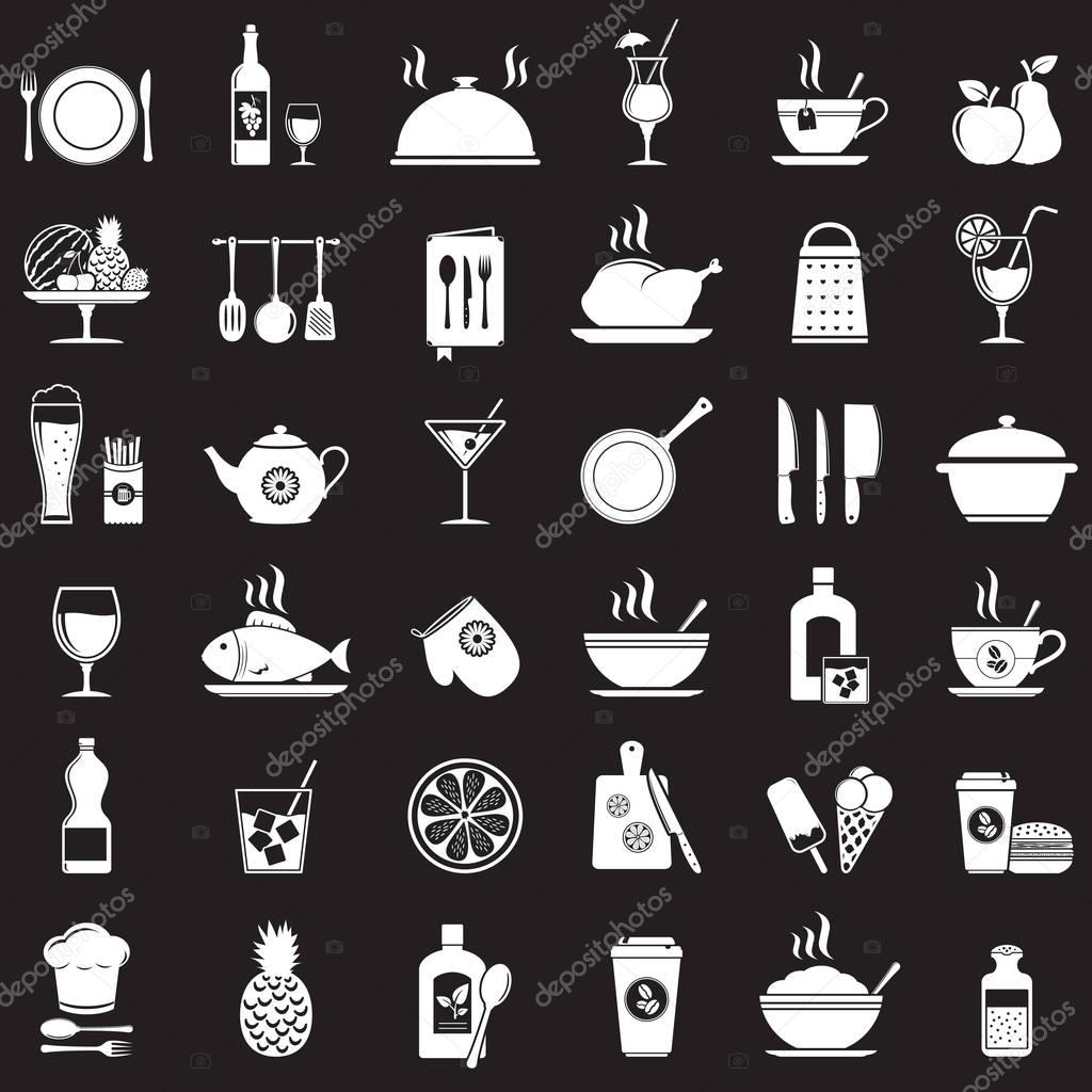 Kitchen tools, food and drinks icons set