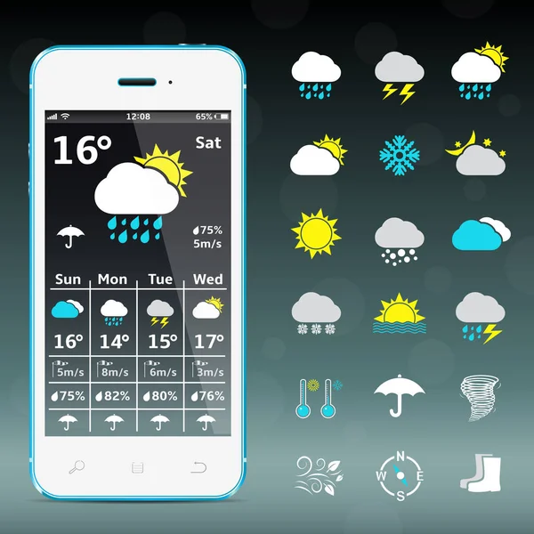 Telefone celular realista com widget previsão do tempo e ícones — Vetor de Stock