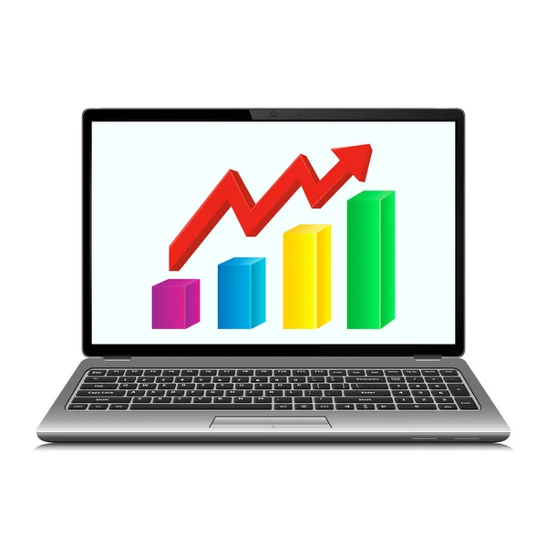 Concepto de beneficio, flecha roja muestra gráfico de crecimiento del negocio en la pantalla del ordenador portátil — Vector de stock