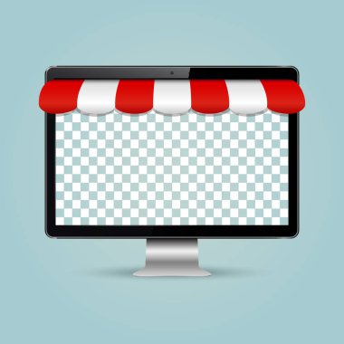 Bilgisayar ekranı ile şeffaf perde ve çizgili tente