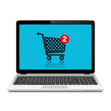 Online alışveriş kavramı. Alışveriş sepeti ile dizüstü bilgisayar.