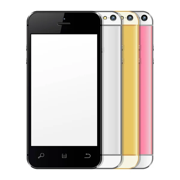 New realistic black, silver, golden and rose smartphones set mockup — Stock Vector